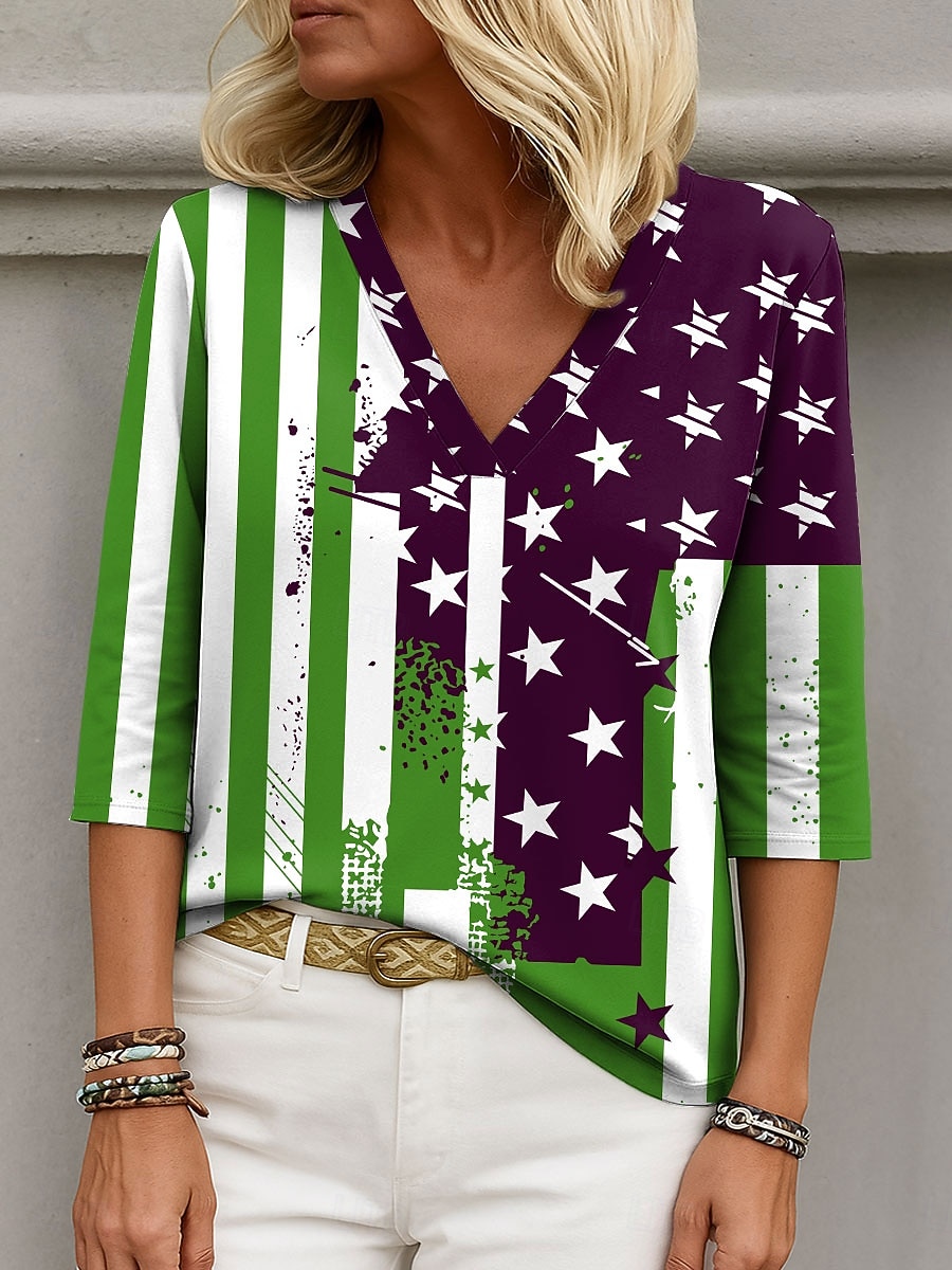 חולצת נשים פטריוטית עם גרפיקה של דגל אלגנטית אופנתית קז'ואלית עם שרוול באורך 3/4 וצווארון V רגיל בגוון כחול כהה קיץ 2026 - $27.99 –P5