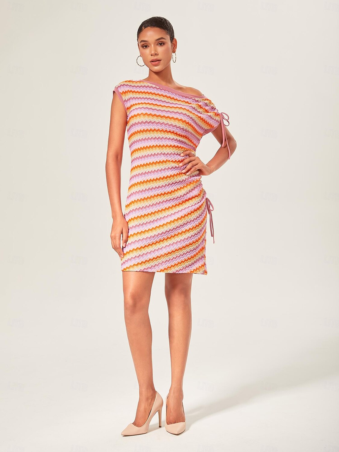 miniabito arancione elasticizzato in maglia arricciata del 2025 a $68.99 –P1
