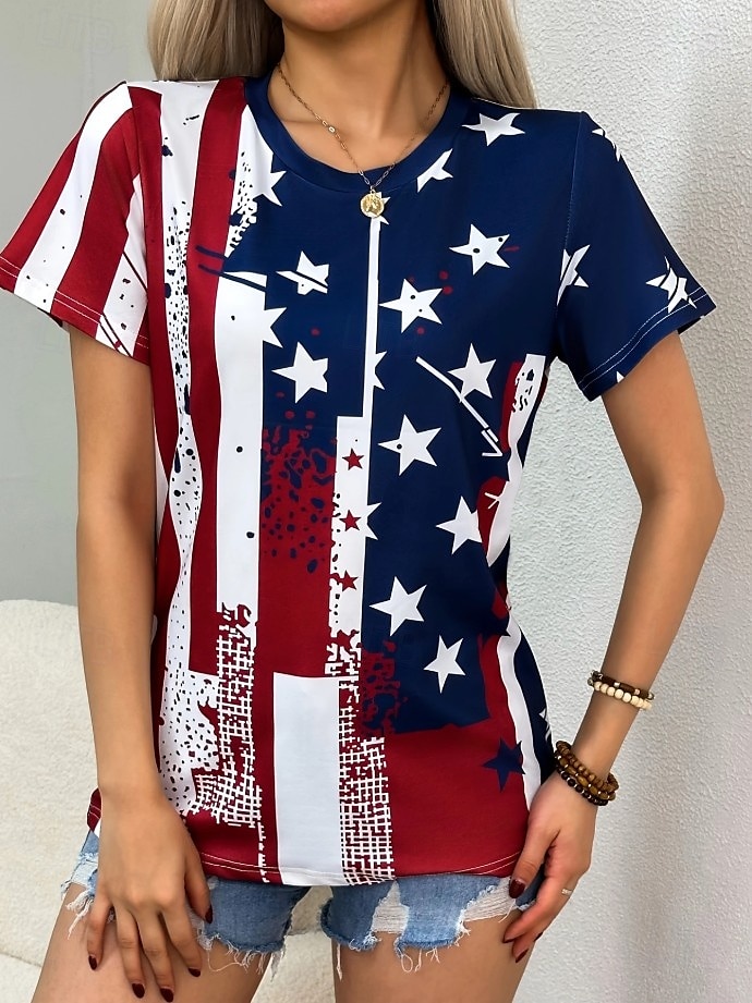 Tricou patriotic pentru femei cu steag steag național stilat casual roșu alb și albastru mânecă scurtă gât în V regular imprimeu zilnic albastru vară primăvară 2025 - $19.99 –P3