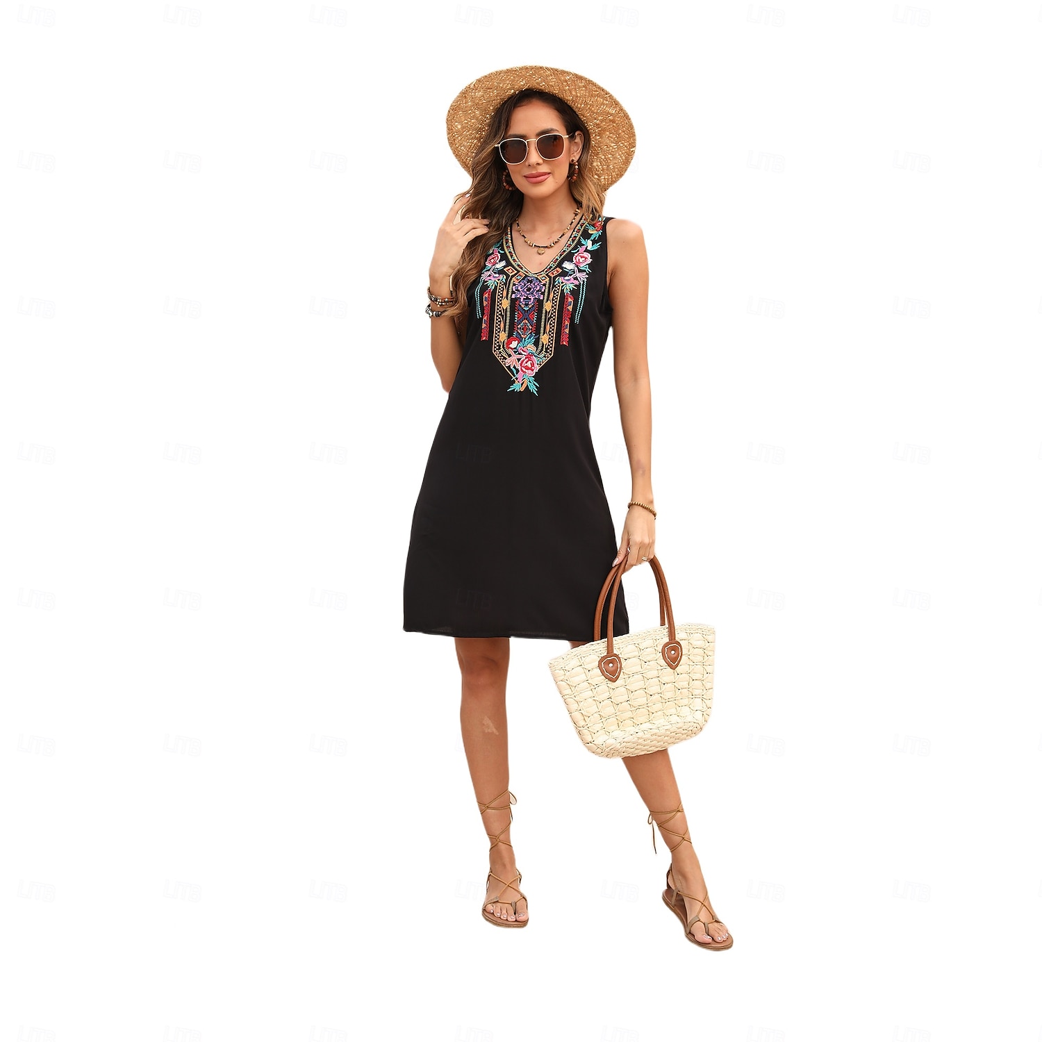 Pentru femei Rochie Mini Rochie casual Modă Modern Rochie eleganta Beretă Nuntă Zilnic Dată Fit regulat Floral Broderie Fără manșon În V Negru Vară 2025 - $27.99 –P3