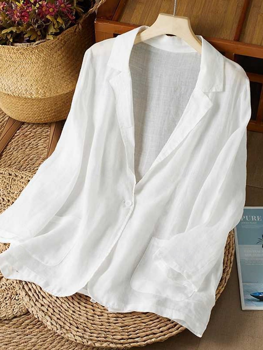 Women's Cotton Linen Blazer Solid Color Stylish Basic Casual Long Sleeve Shirt Collar Regular Tops Work Daily Buttons White Yellow Summer 2025 - $29.99 –P5
