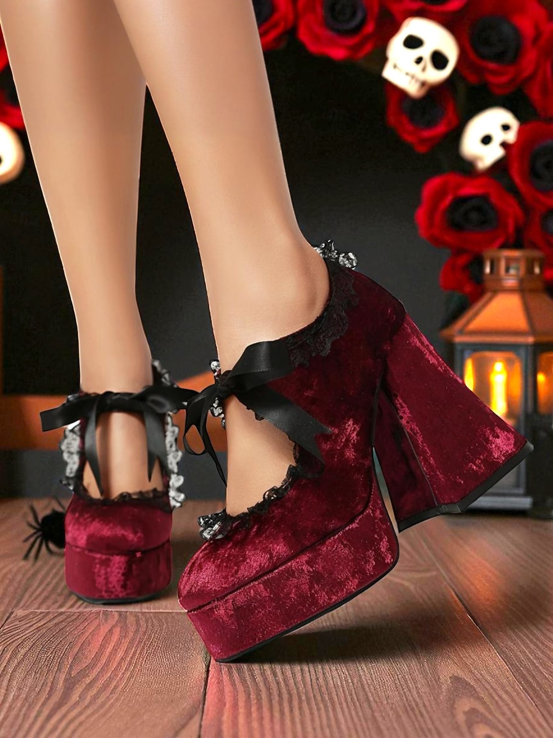 Scarpe con plateau in velluto in stile vittoriano gotico del XIX secolo da donna - décolleté mary jane bordeaux con rifiniture in pizzo e nastro per Halloween, cosplay e moda lolita del 2025 a $64.99 –P5