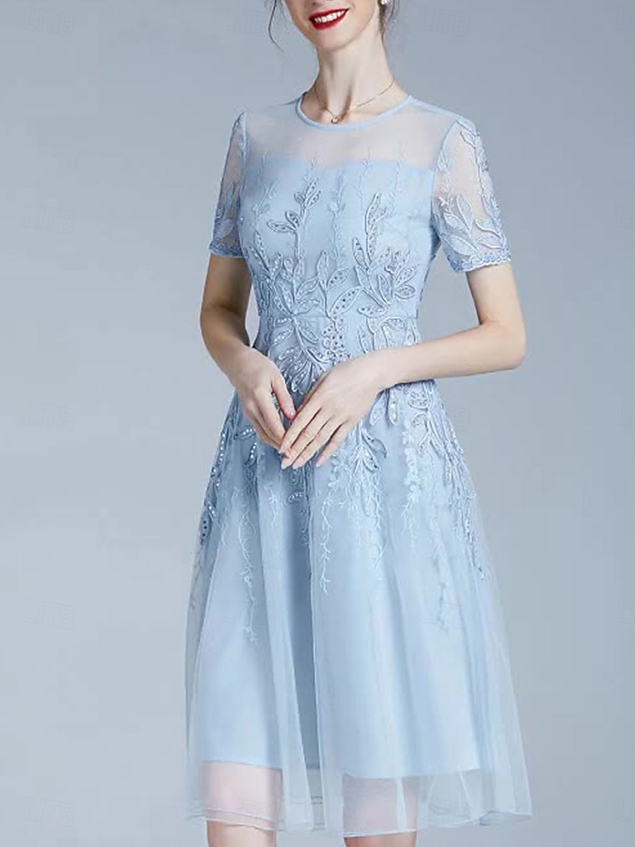 Vestido A-Line Vestido da Mãe da Noiva Elegante Decote Redondo Comprimento do Joelho Tule Mangas Curtas com Pregas Bordado de 2025 por $136.99 –P1