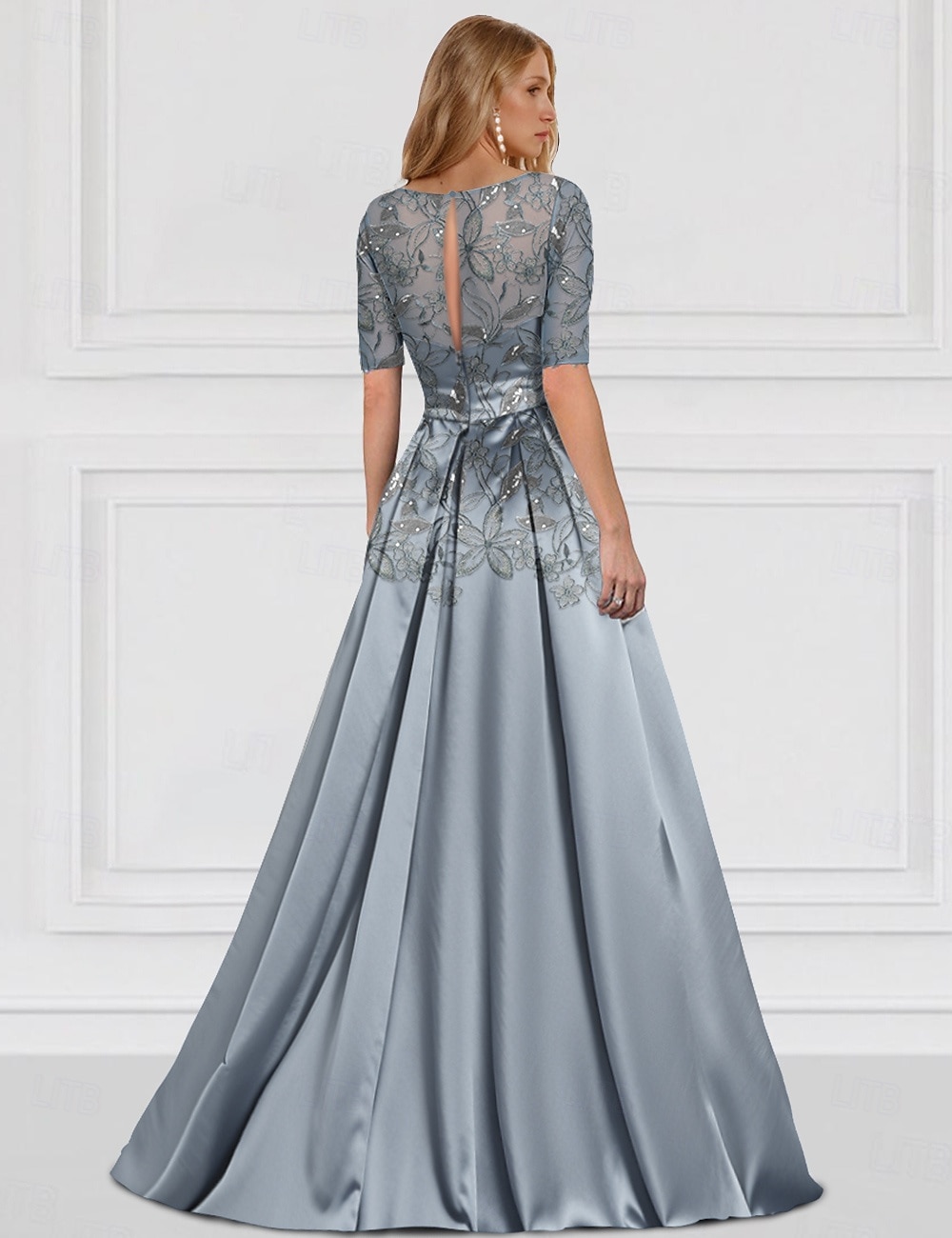 Rochie A-Line pentru Mama Miresei Invitată la Nuntă Elegantă Simplă Cu Decolteu În V Lungime Până La Podea Satine Mâneci Pe Jumătate cu Dantelă 2025 - $142.99 –P2