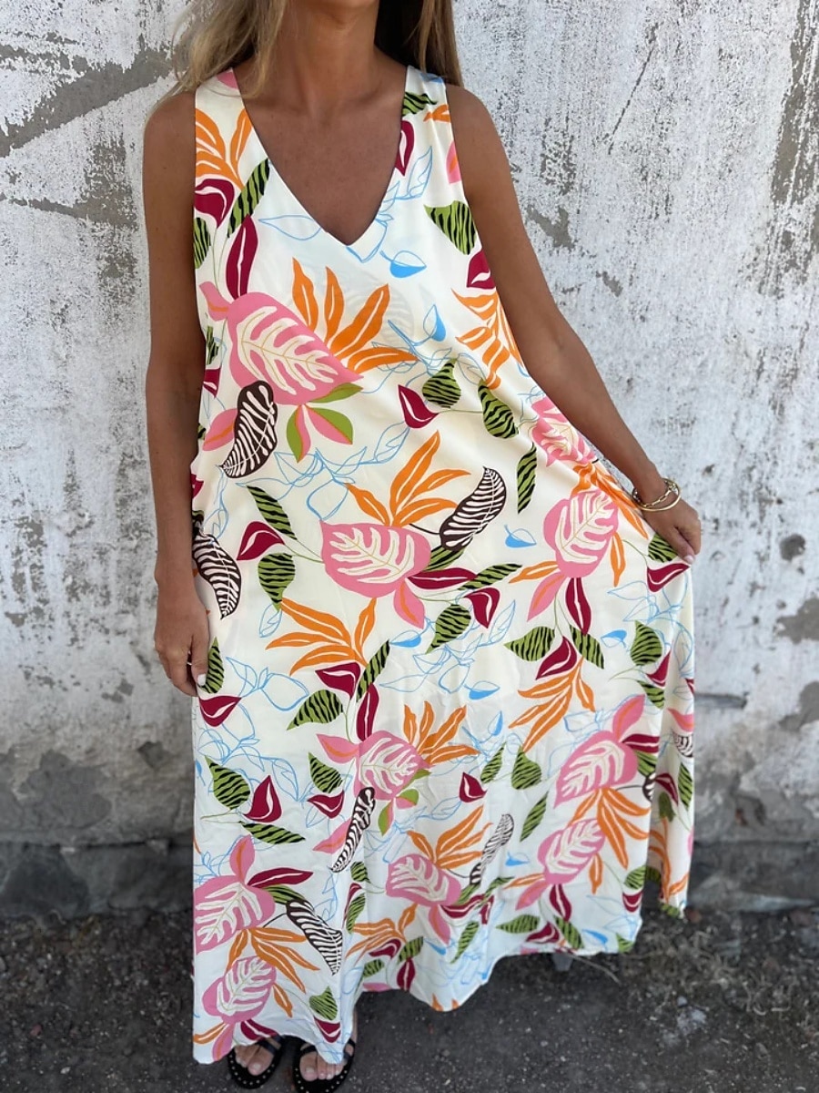 Femmes Robe maxi Robe trapèze Robe Nuisette Vacances Occasionnel Boho Extérieur Sortir Coupe régulière Fleuri Sans manches Col en V Bleu Abricot Beige Été de 2025 ? $23.99 –P1