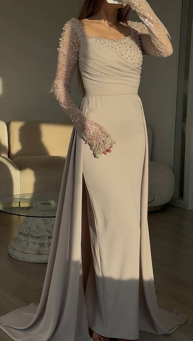 Meerjungfrau/Trompete Abendkleid Galakleid mit abnehmbarem Überrock formelles Kleid Stretch-Crêpe Hochzeit bodenlang Langarm quadratischer Ausschnitt Spitze mit Falten Perlen Pailletten Spitze 2025 2025 - $149.99 –P3