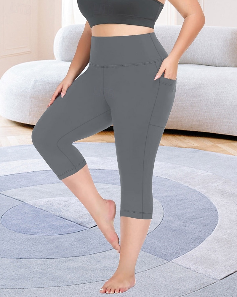 Femmes leggings de pilates Jambières Capri pantalon de sport Avec Poches Léger Pilates Salle de sport Course Leggings Capri Couleur Unie Gris foncé Noir Vert Véronèse Grande taille Des sports Tenues de 2026 ? $17.99 –P8