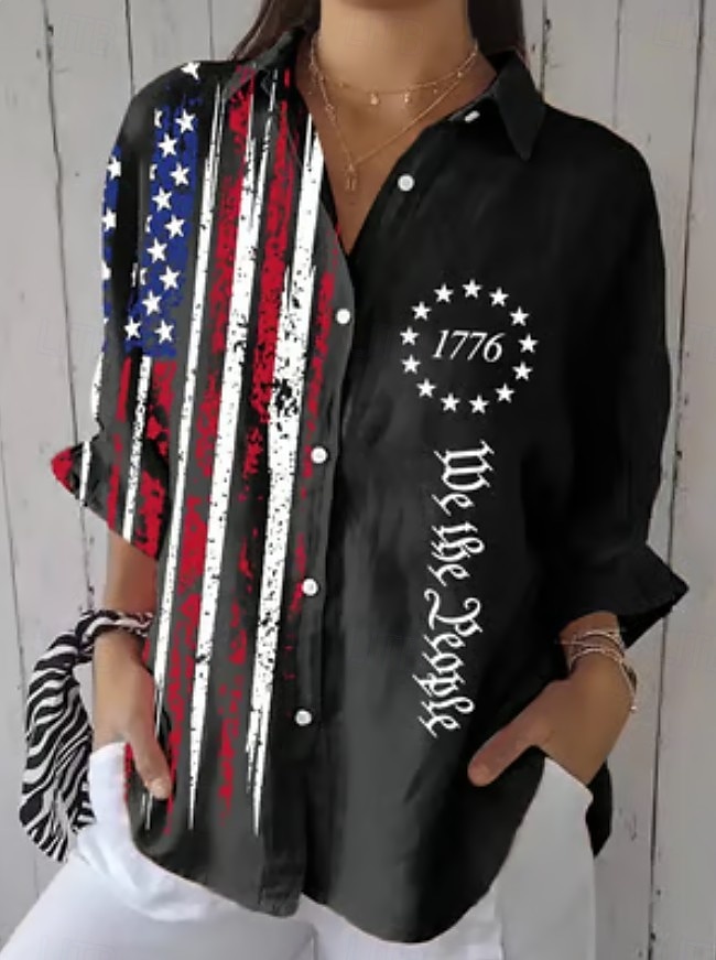 Independence Day Women's Patriotic Fourth of July Shirt Graphic Flag Vintage Tropical Stylish Long Sleeve Shirt Collar Regular Tops Work Daily Buttons Print Black White Red Light Blue Fall 2025 - $29.99 –P2