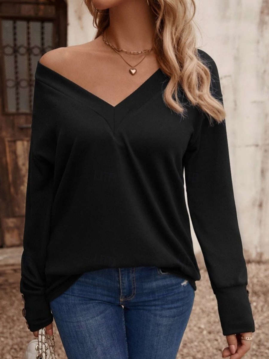 Dame Bluse Helfarge Stilfull Fritid Langermet V-hals Vanlige topper Daglig Knapper Svart Hvit Vin Militærgrønn Navyblå Sommer Vår 2025 - $18.99 –P9