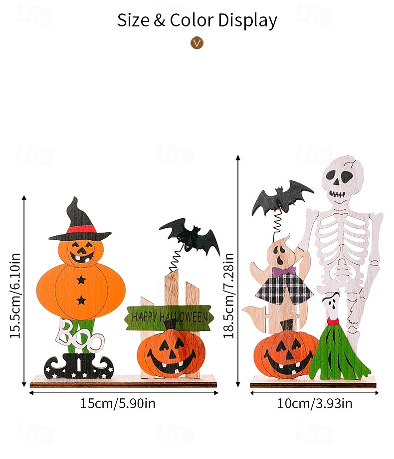 2 stk. halloween-skjelett i tre som borddekorasjon, fjærende hodeskalle med gresskar og flaggermus, skummel bordpynt til halloween-festdekorasjon 2025 - $9.99 –P1