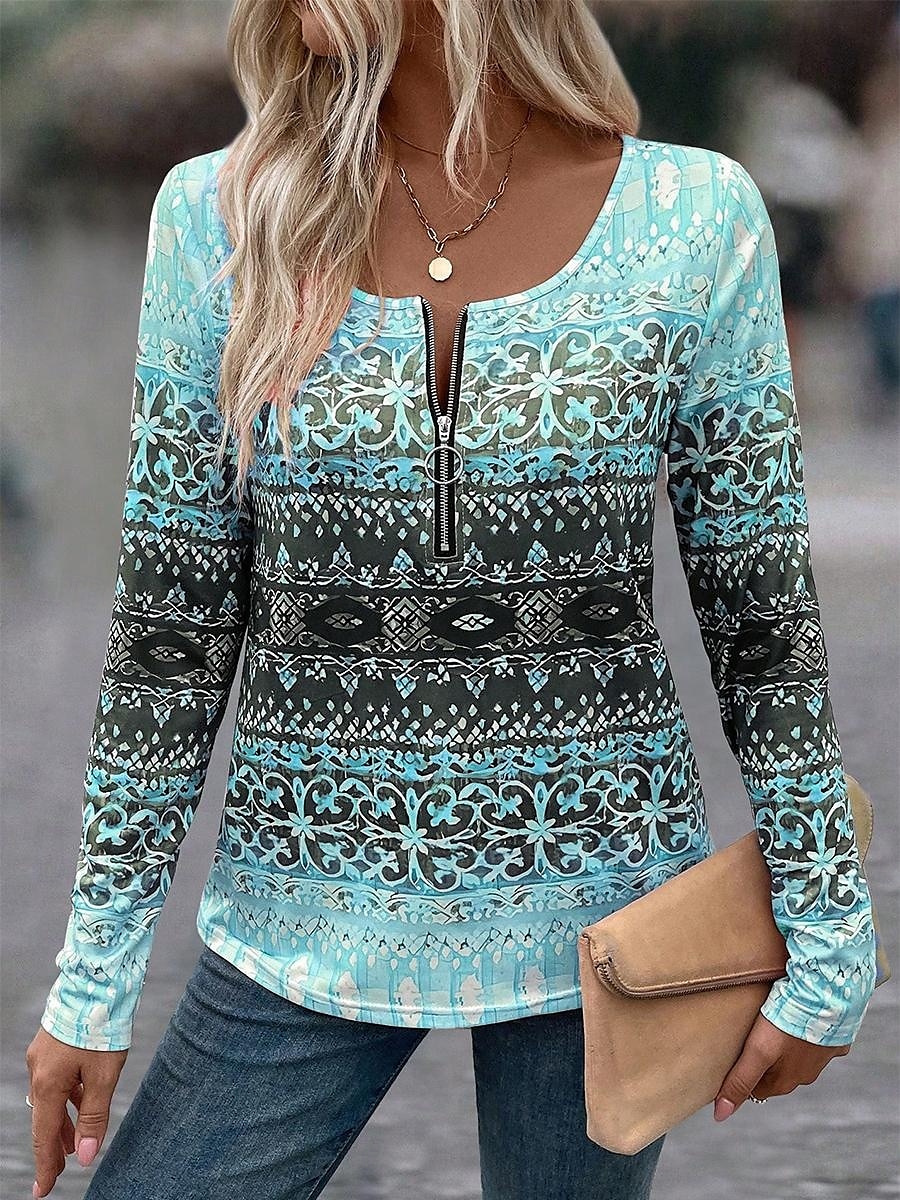 Per donna Maglietta Ombre Gradiente di Colore Elegante Moderno Casual Manica Lunga Scollo a V Top Regolari Quotidiano Weekend Cerniera Stampato Rosa Blu Estate Primavera del 2025 a $27.99 –P4