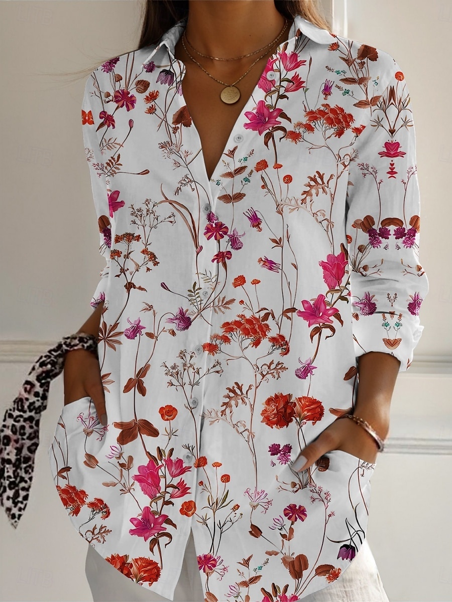Dames Overhemd Bloemig Actief Dagelijks Stijlvol Lange mouw Overhemdkraag Normale tops Dagelijks Feestdagen Knop Afdrukken Wit Blozend Roze Marineblauw blauw Groen Lente Herfst 2025 - $25.99 –P2