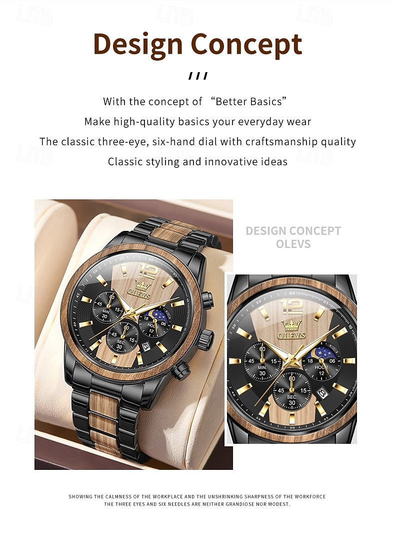 OLEVS 3645 Heren Horloge Top Merk Business Originele Kwarts Horloge Massief Hout Multifunctionele Chronograaf Maanfase Horloge 2026 - $62.99 –P2