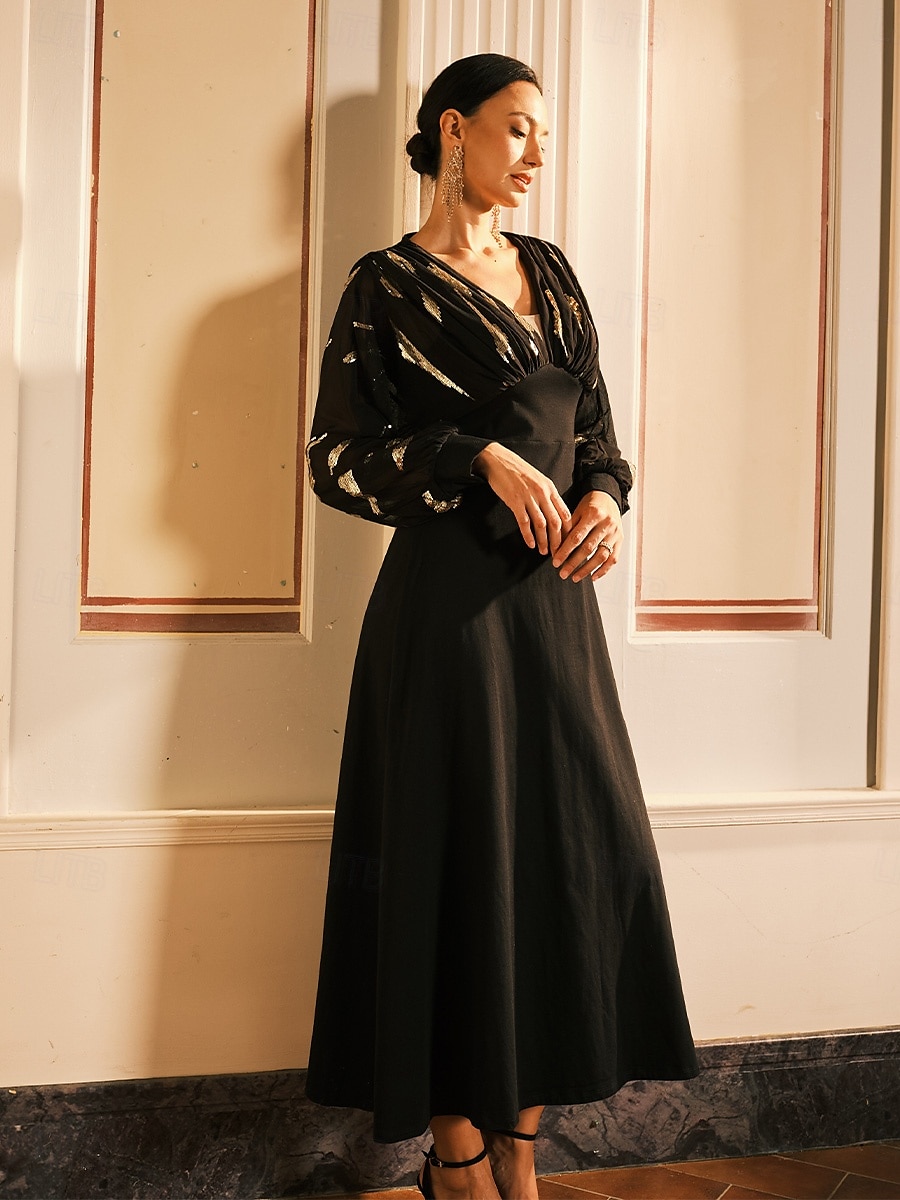 Women's Long Dress Sheer Feather Print Sleeves V-neck Black Festive Party Elegant Maxi Winter Fall Clothing Apparel 2025 - $99.99 –P1