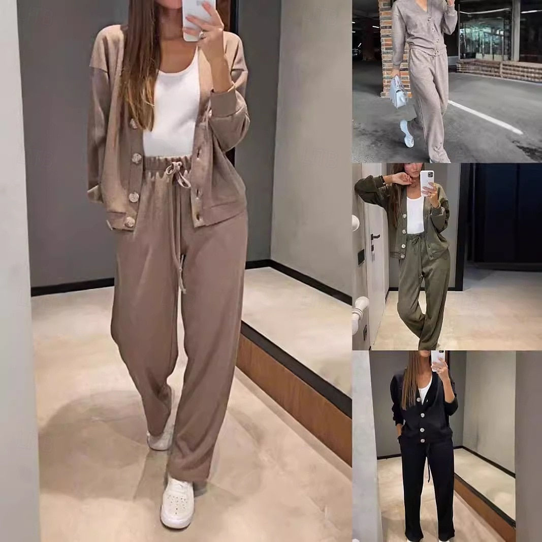Women's Fashion Streetwear Daily Pants Sets Long Sleeve V Neck Plain Casual Daily Black Army Green Blue Fall Regular Fit 2025 - $34.99 –P1