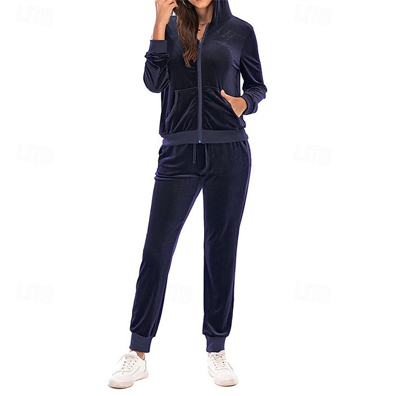Women's Tracksuit Sweatpants Hooded Jacket Zipper Pocket Solid Colored Clothing Suit Fall Black Burgundy Velour Gym Workout Sports Windproof Long Sleeve Sport Activewear Micro-elastic Regular Fit 2025 - $42.99 –P6
