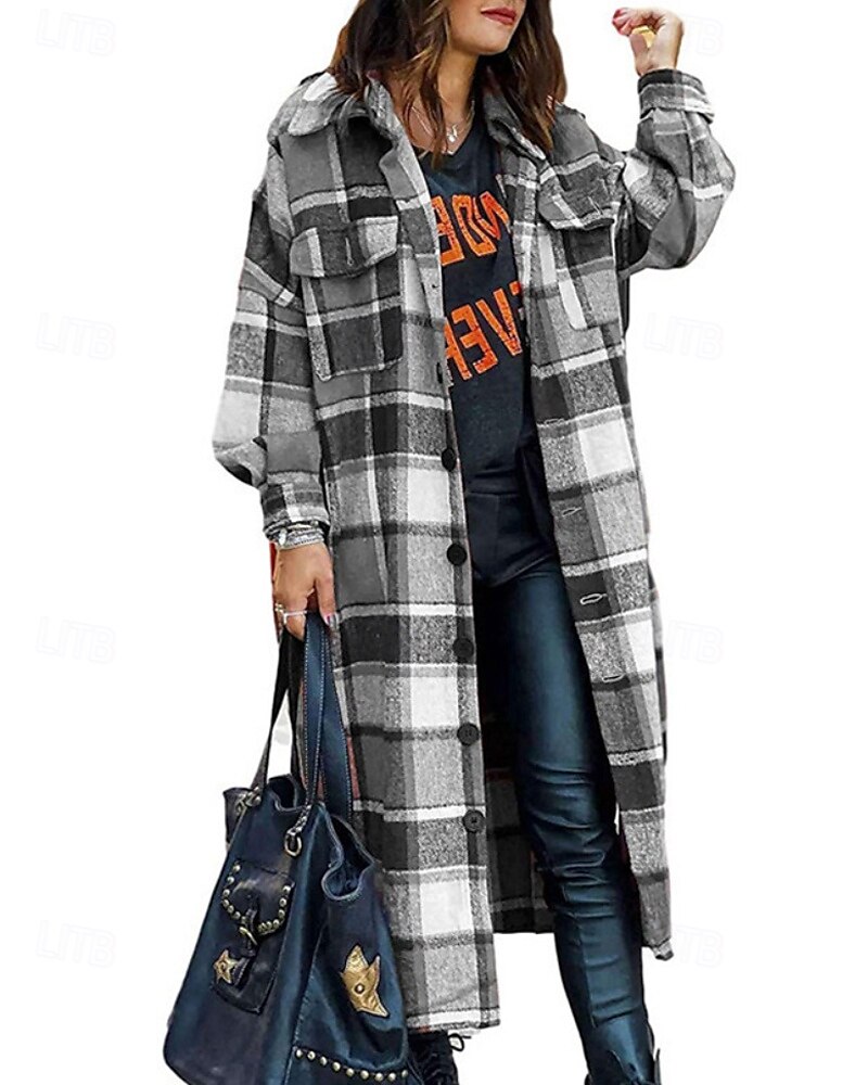 Damen Trenchcoat Bequem Knöpfe Tasche Modern Streetstyle Karomuster Ausgehen Alltagstauglich Einreihig Lang Umlegekragen Normale Passform Langarm Oberbekleidung Rote Rosenrot Grau Herbst Winter 2025 - $27.99 –P4