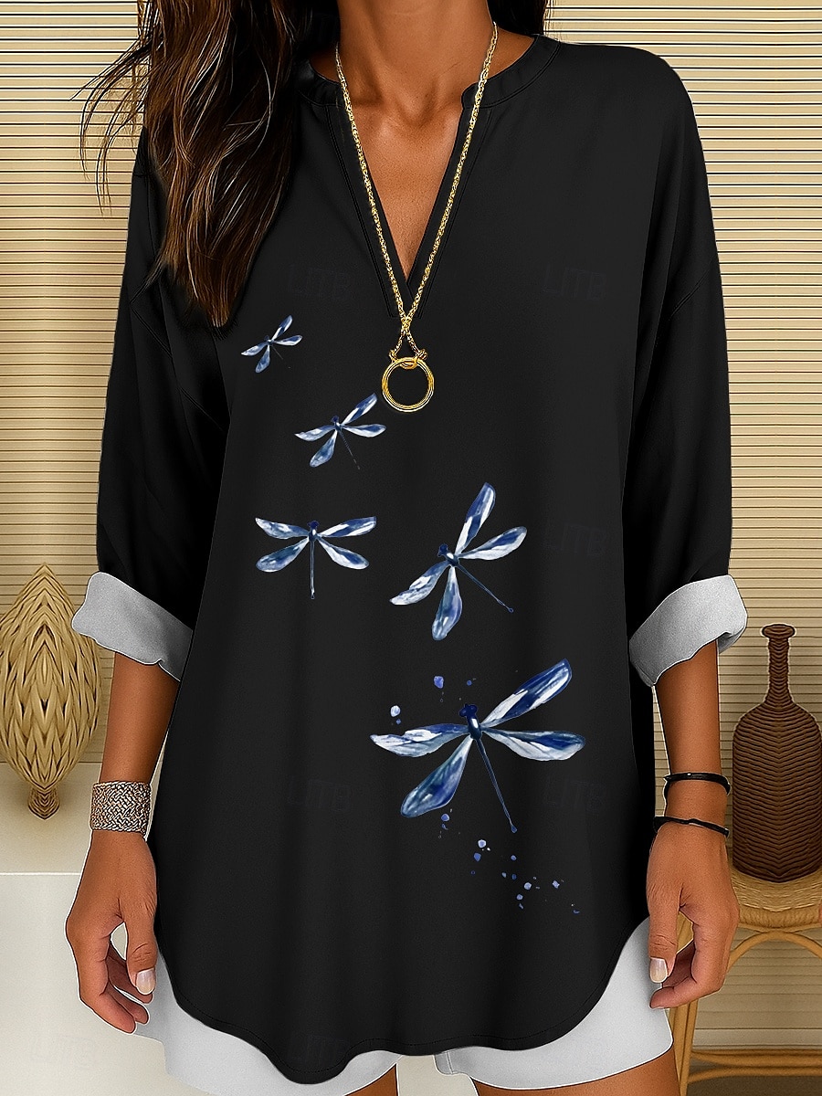 Femmes Chemisier Graphique Animal Libellule Bohème ancien Tropical manche longue Col en V Hauts Réguliers Quotidien Fête Tenue de plage Imprimé Noir Blanche Rouge Bleu Violet Été Printemps de 2025 ? $24.99 –P8