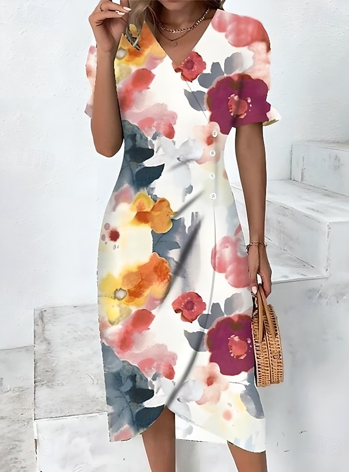 Dame Midikjole Wrap-kjole Sommerkjole Ferie Fritid Strandstil Daglig Ferie Ut på byen Normal Blomstret Grafisk Kortermet V-hals Hvit Blå Oransje Regnbue Sommer Vår 2025 - $23.99 –P4