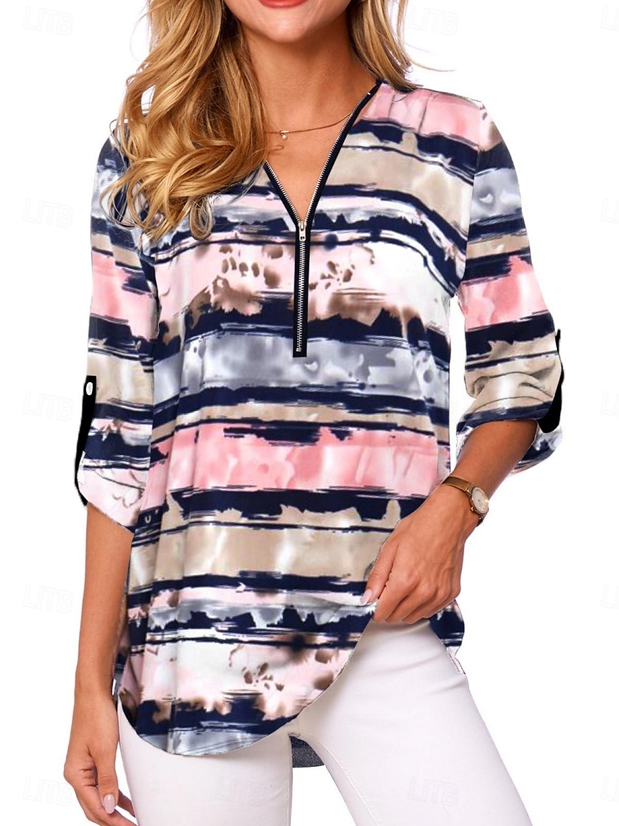 Dame Bluse Blomstret Grafisk Geometrisk Stilfull Fritid Langermet V-hals Vanlige topper Daglig Glidelås Trykt mønster Svart Hvit Rosa Marineblå Blå Sommer Vår Høst 2025 - $23.99 –P3