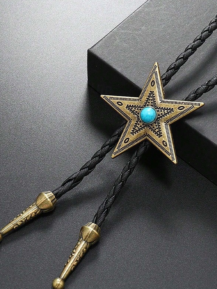 Cravate bolo western star pour homme avec centre turquoise, métal bronze antique ou argent, cordon en cuir tressé réglable, cravate vintage cowboy rodéo pour concerts country, mariages et usage quotidien de 2025 ? $9.99 –P5