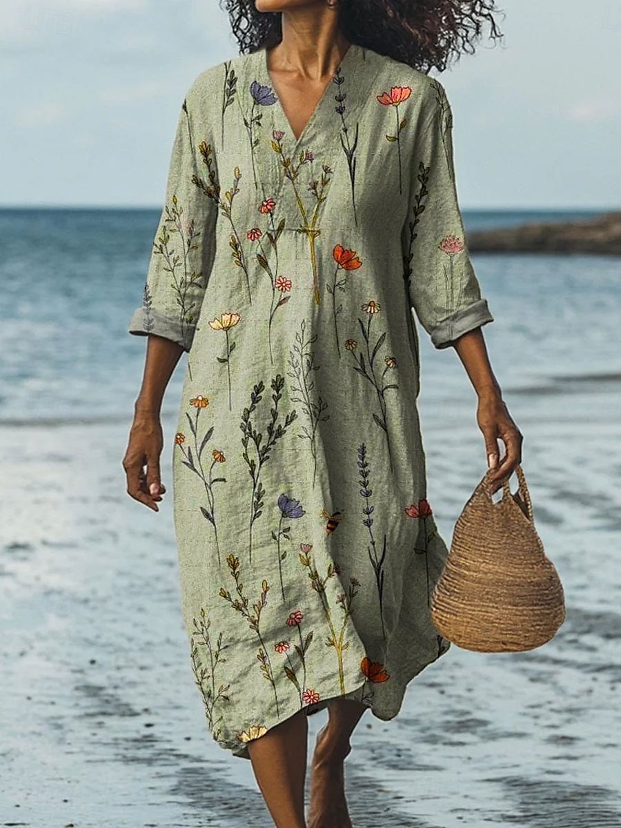 Femmes Robe Midi Robe d'Été Robe trapèze Vacances Occasionnel Sortir Fleuri Graphique manche longue Col en V Rouge Bleu Vert Été Printemps de 2025 ? $35.99 –P2