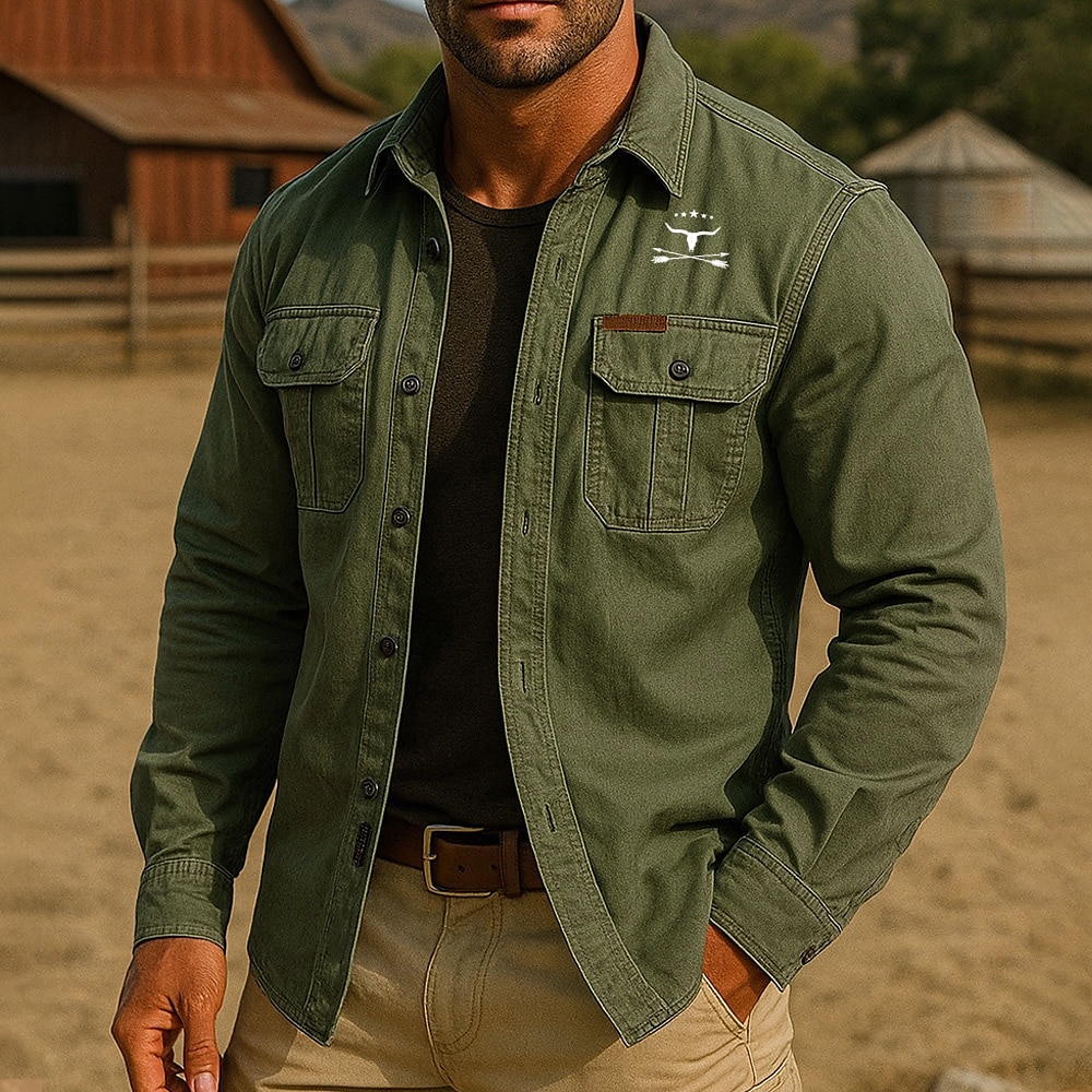 Herren Kuhmuster Arbeitshemd Westernhemd Cargohemd Langarm Lässig Taktisch Sport im Freien Arbeitskleidung Frühling Herbst Umlegekragen Zwei Fronttaschen Hemden mit Knopfleiste Armeegrün Khaki 2025 - $27.99 –P2