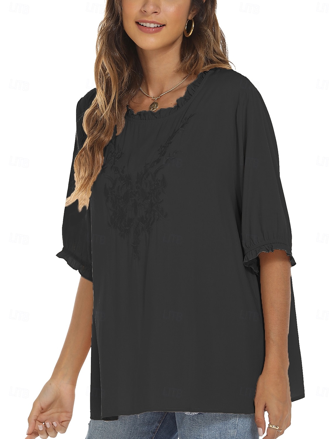 Damen Hemd Einfarbig Blumen Lässig Boho Dreiviertelarm Ellbogenärmel Rundhalsausschnitt Normale Oberteile Täglich Ausgehen Rüsche Bestickt Schwarz Weiß Rote Khaki Sommer 2025 - $24.99 –P6