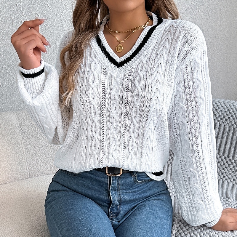 Damen Pullover Lässig Farbblock Gerippt V Ausschnitt Patchwork Gestrickt Langarm Normale Oberteile Stricken Täglich Ferien Ausgehen Weiß Blau Herbst 2025 - $24.99 –P6