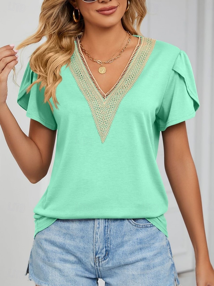Pentru femei Tricou Simplu Modă Stilat Clasic Manșon scurt În V Topuri obișnuite Zilnic Sfârșit de săptămână Peteci Verde Deschis Albastru piscină Trifoi Gri Vară Primăvară 2025 - $17.99 –P12