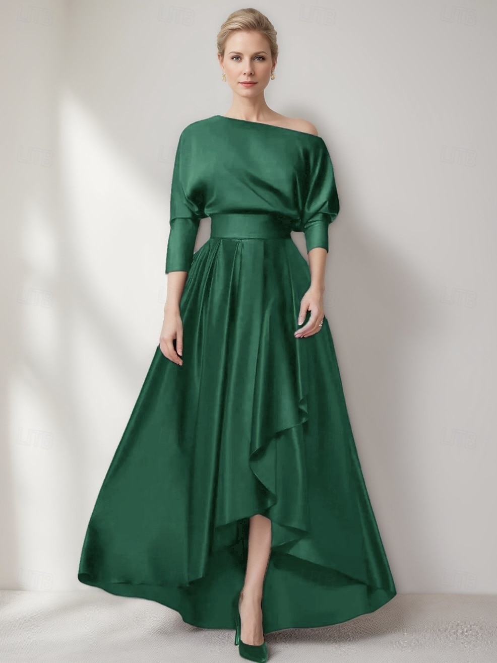 Robe de Soirée A-Ligne Élégante Robe Formelle Mariage Manches Longues Asymétriques Une Épaule Poche Satin avec Volants Fente de 2025 ? $129.99 –P4