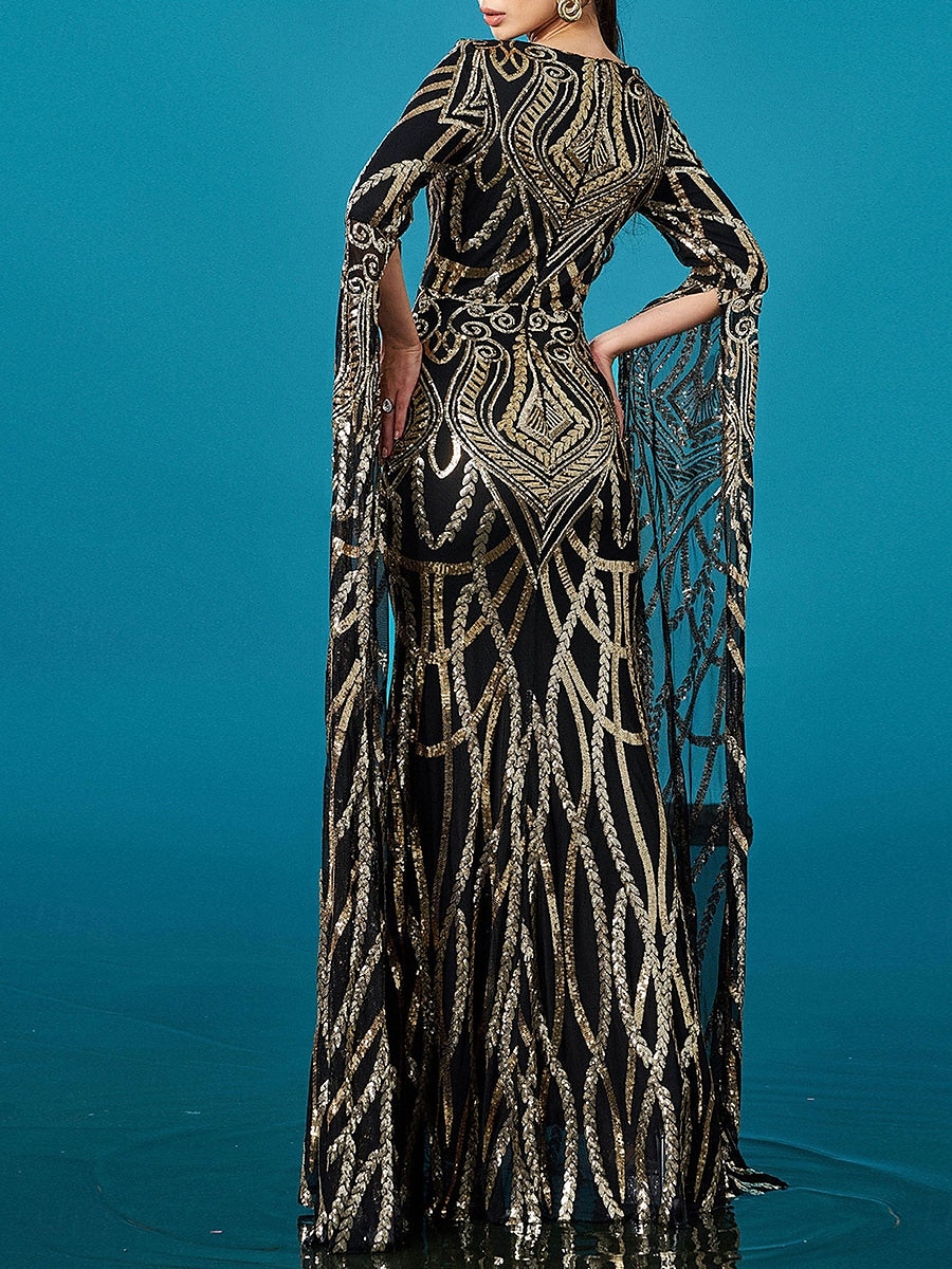 Robe de soirée en forme de sirène/trumpet élégante mariage longue à partir du sol à manches longues col rond en satin sequins avec fente de 2025 ? $119.99 –P4