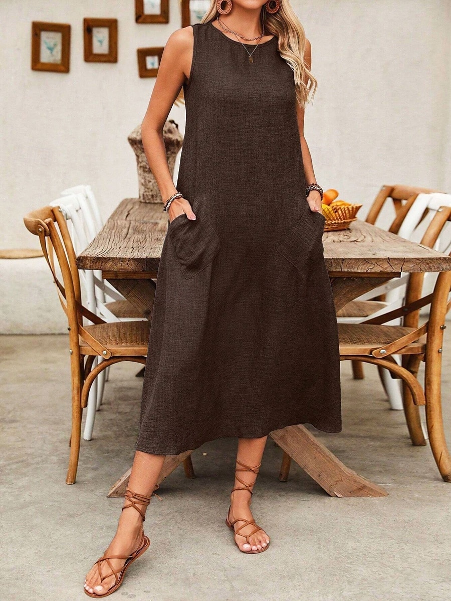 Damen Maxikleid A Linie Kleid Sommerkleid Lässig Täglich Normale Passform Einfach Ärmellos Rundhalsausschnitt Wein Blau Braun Grün Sommer 2025 - $24.99 –P27