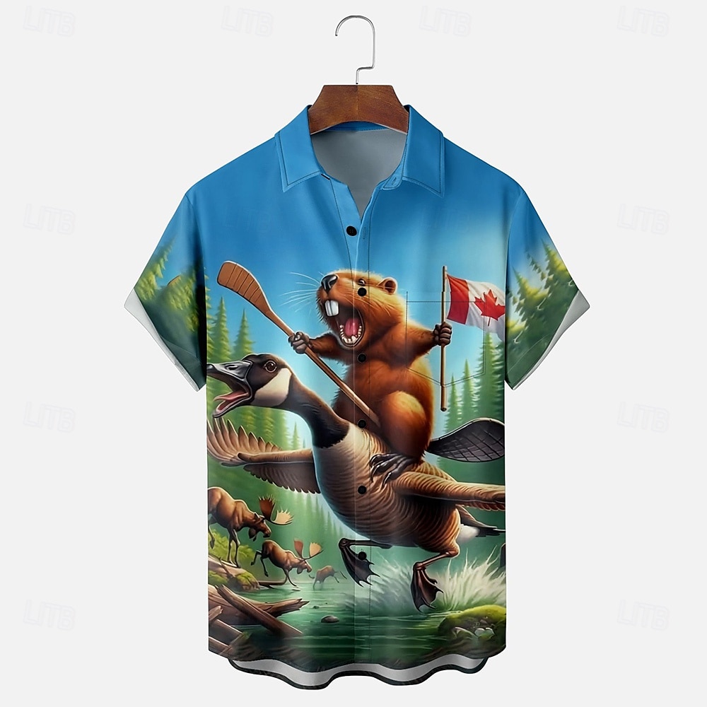 Canada Day Men's Flag Maple Leaf Beaver Shirt Summer Shirt Button Up Shirt Short Sleeve Fashion Casual Holiday Summer Spring Turndown 3D Print Collared Shirts Front One Pocket Blue 2025 - $24.99 –P1