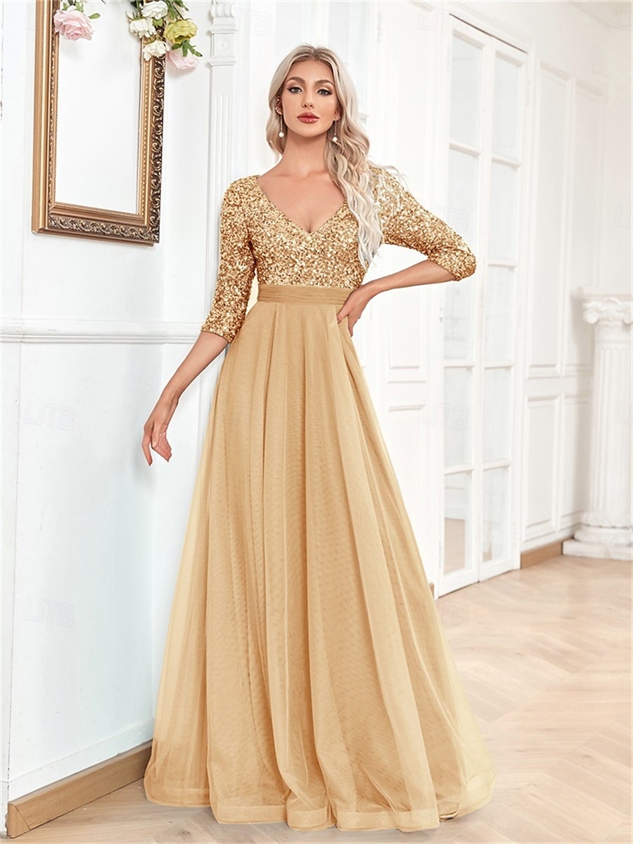 A-linjainen Quinceanera-Mekot Elegantti Mekko Virallinen Häät Lattiapituus Puolihihainen V-kaula-aukko Tylli Strassilla 2025 - $99.99 –P19