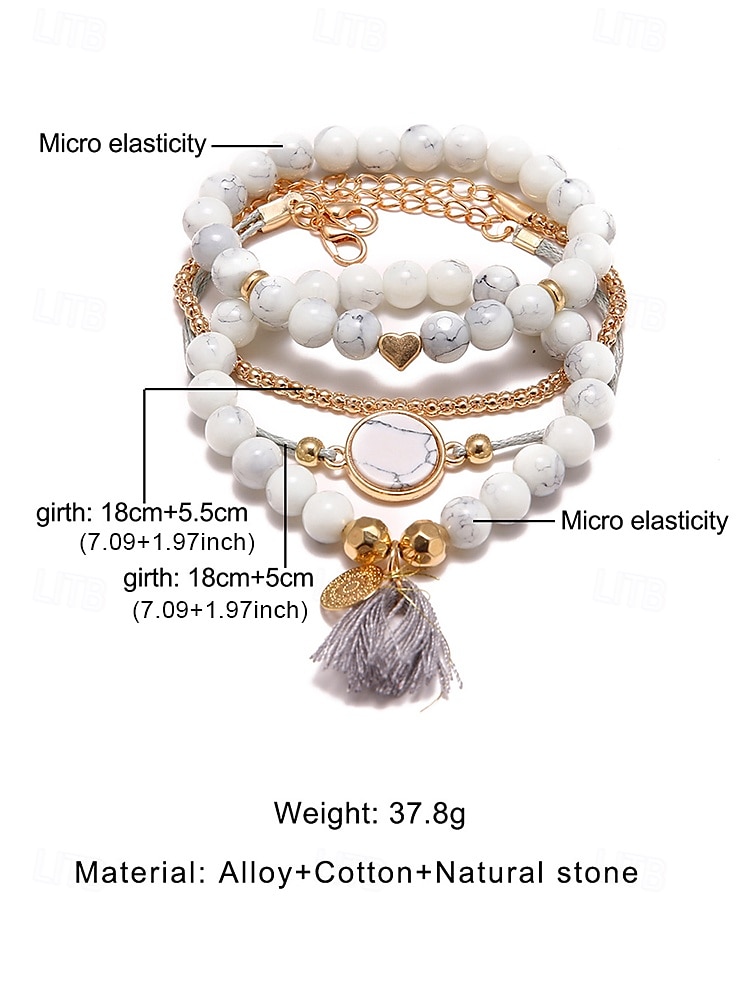 Dames howliet kralen armband set – boho gelaagde stapel met hartbedel, marmeren hanger en kwastje voor casual kleding, strandoutfits en cadeaus 2025 - $9.99 –P9