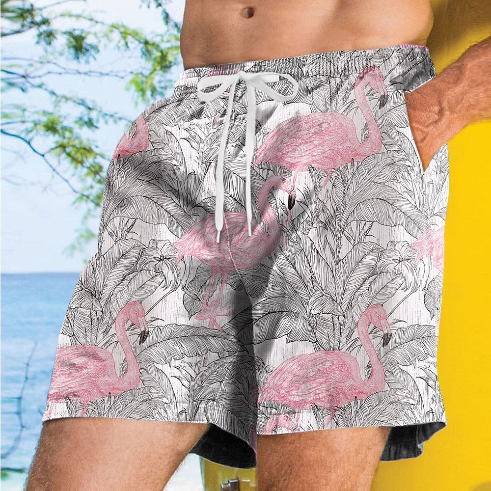 Herr Flamingo Fågel Palmblad Badshorts Boardshorts Medium Midja Streetwear Hawaiisk Semester Sidfickor Mesh foder Elastisk dragsko i midjan Designer Kläder 2025 - $19.99 –P4