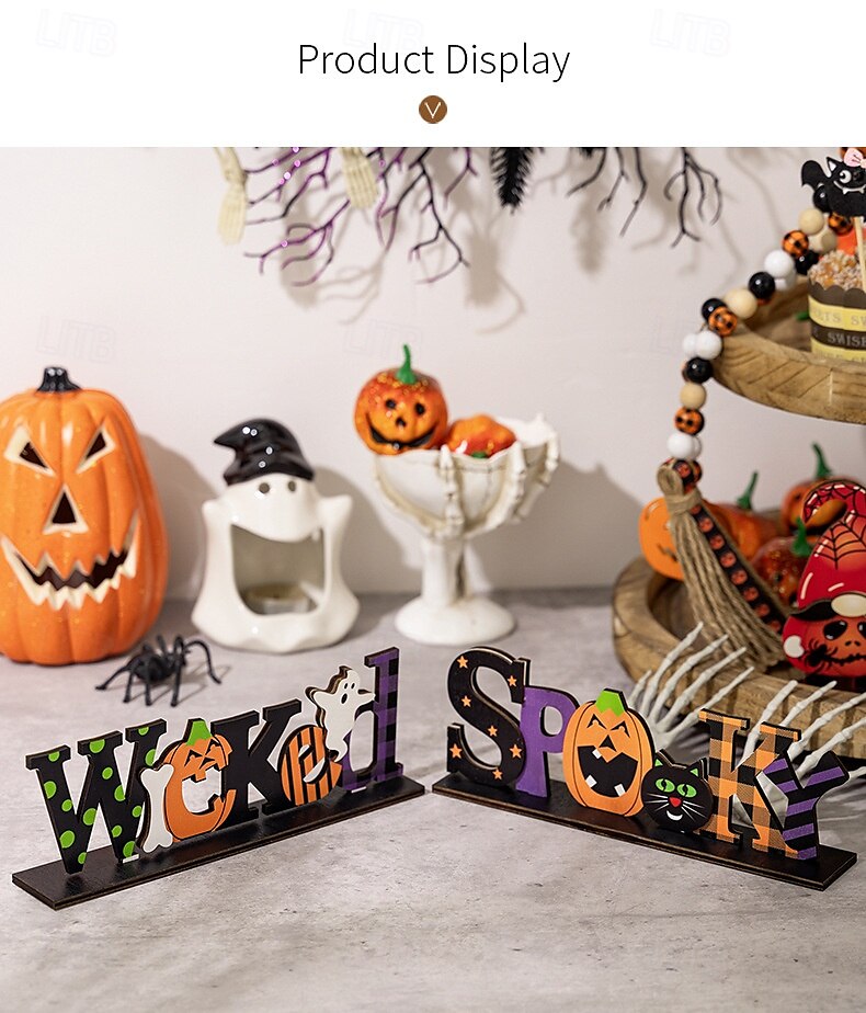 dekoracja na halloween z drewnianym środkiem, upiorny drewniany stojak na litery do ekspozycji na stole halloweenowym, dekoracja na imprezę w nawiedzonym domu DIY 2025 - $8.99 –P1