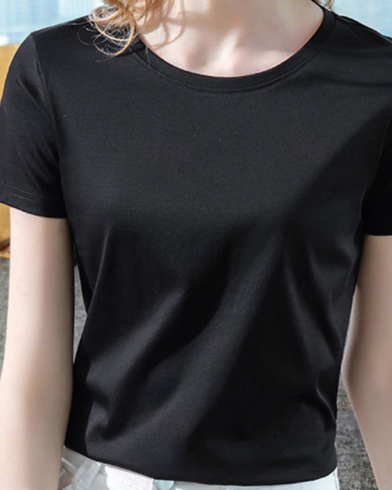 Per donna Maglietta Semplice Essenziale Moderno Manica Corta Girocollo Top Regolari Quotidiano Weekend Nero Bianco Viola Arancione Estate del 2025 a $24.99 –P6