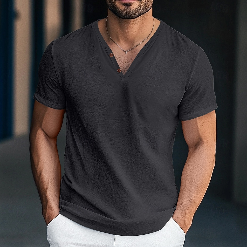 Herren Henley Hemd T-Shirt Kurzarm Einfarbig Einfach Mode Designer Basic Knöpfe V Ausschnitt Urlaub Straße Lässig Sommer Dunkelgrau Weiß Blau Henley T-Shirt 2025 - $25.99 –P1
