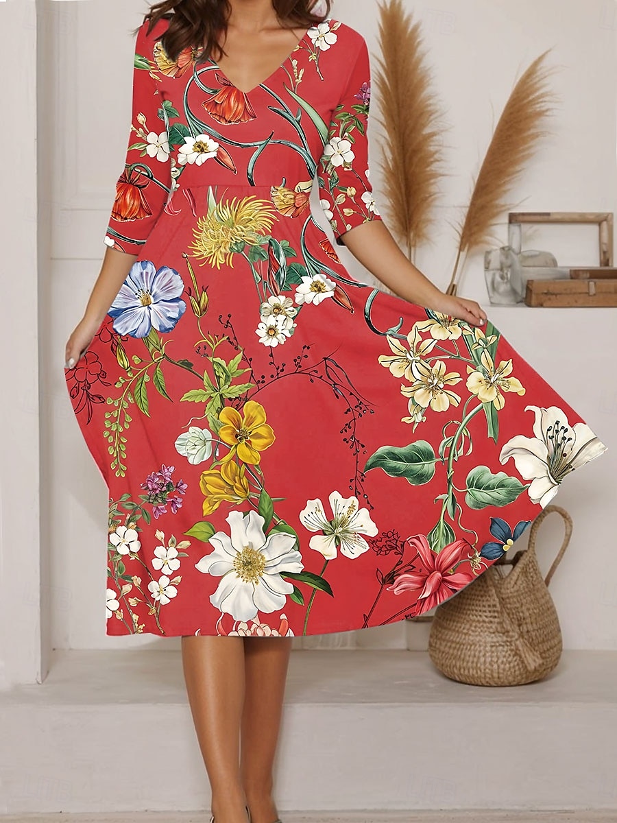 Femmes Robe Midi Robe trapèze Vacances Occasionnel Sortir Coupe régulière Fleuri Graphique manche longue Col en V Jaune Rouge Vert Beige Été de 2025 ? $36.99 –P1