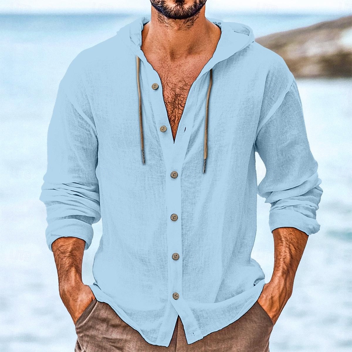 Per uomo Camicia Camicia di lino Abbigliamento da spiaggia Camicia con Bottoni Camicia con cappuccio Semplice Vacanza Casuale Nero Bianco Verde Cachi Manica Lunga Con Cappuccio Primavera & Estate del 2025 a $23.99 –P5