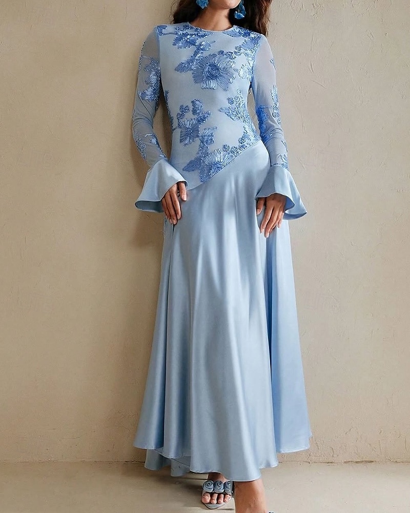Blauer Bogen Spitze A-Linie Abendkleid Elegantes Kleid Formelles Hochzeitskleid Bodenlang Lange Ärmel Rundhals Stretchmaterial 2025 - $135.99 –P3