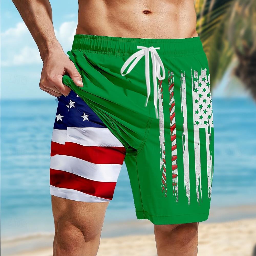2025年 アメリカ独立記念日 男性用 愛国 米国旗 裏地付きショートパンツ 2 in 1 スイムショーツ スイムトランク ミディアムウエスト 祝日 サイドポケット コンプレッションライナー付き 伸縮性のあるドローストリングウエスト デザイナー 衣類 コレクション – $21.99 –P5