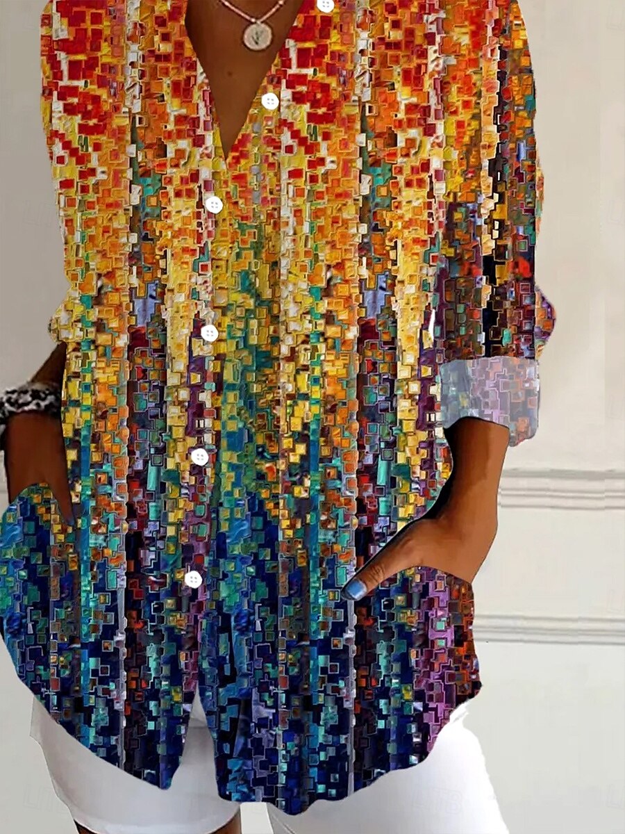 Damen Hemd Ombre Grafik Geometrisch Täglich Stilvoll Modern Langarm Hemdkragen Normale Oberteile Täglich Ferien Knöpfe Druck Rote Regenbogen Sommer Frühling Herbst 2025 - $32.99 –P3