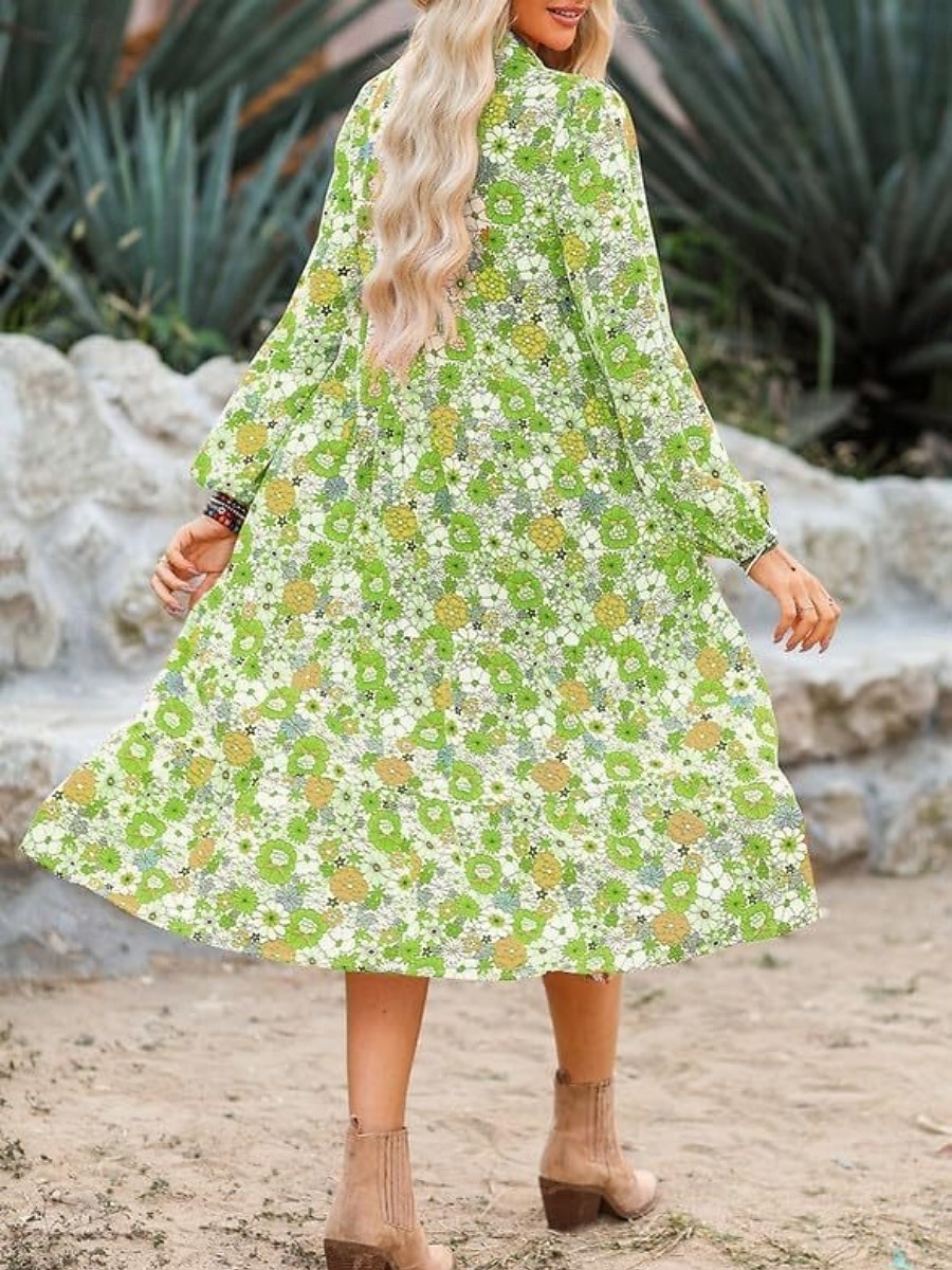 Per donna Abito Midi Abito a trapezio Casual All'aperto Uscire Vestibilità regolare Floreale Grafico Manica Lunga Scollo a V Marrone chiaro Azzurro cielo Arancione Verde Estate del 2025 a $29.99 –P2