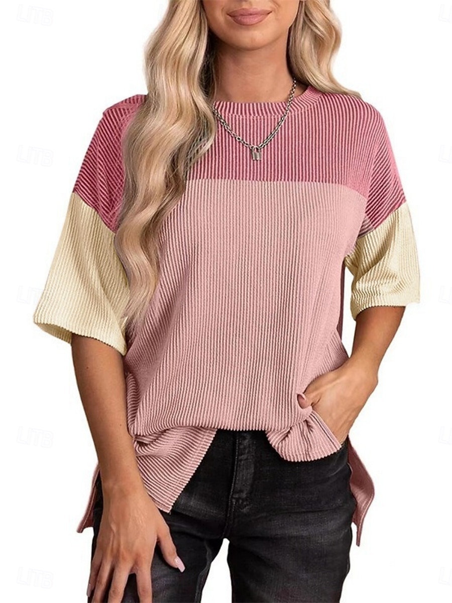 Dame T skjorte Fargeblokk Mote Moderne Fritid Kortermet Crew-hals Vanlige topper Daglig Helg Lapper Svart Rosa Oransje Grønn Kakifarget Sommer Vår 2025 - $25.99 –P1