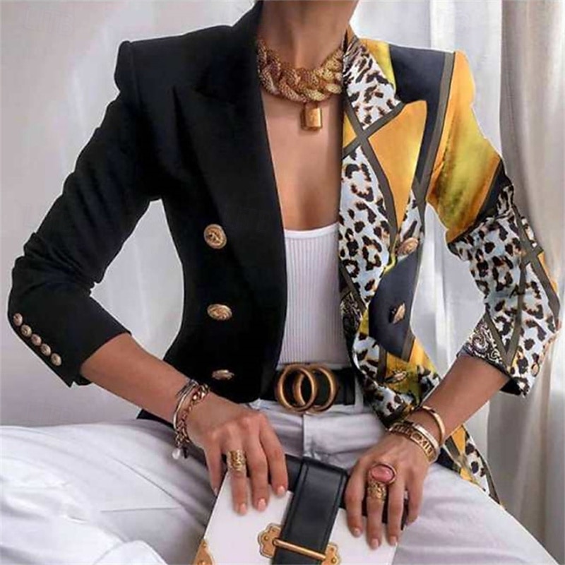 Dam Kavaj Bekväm Mönster Elegant Mode Ledigt Mönster Utekväll Ledigt / vardag Cardigan Normal Kavajslag Normal Långärmad Ytterkläder Svart Gul Brun Vår Höst 2025 - $26.99 –P2