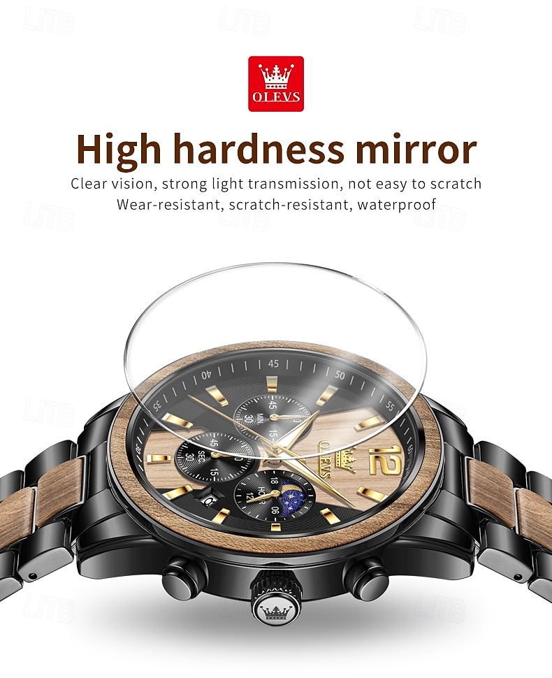 OLEVS 3645 Heren Horloge Top Merk Business Originele Kwarts Horloge Massief Hout Multifunctionele Chronograaf Maanfase Horloge 2026 - $62.99 –P9