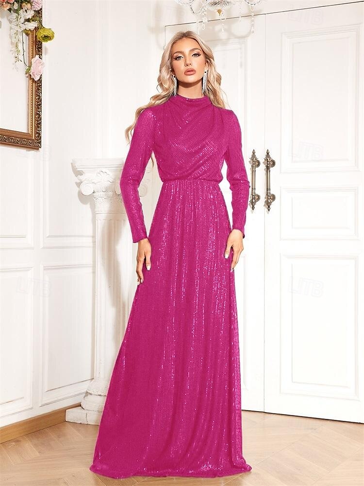 A-Linie Stretch Pailletten Meerjungfrau / Trompete Abendkleid elegantes Kleid formelle Hochzeit bodenlang Langarm Stehkragen Rollkragen mit Drapierung 2025 2025 - $139.99 –P7